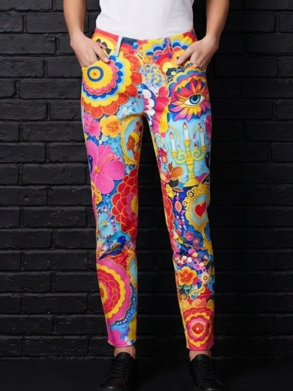 Psychedelic Slim leg Denim Jeans Trippy Vibrant size 31/32 Loud Modern Art Pink